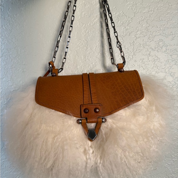 Mongolian Lamb Fur & Leather Shoulder Purse Handbag Chain Strap Statement - Picture 8 of 10
